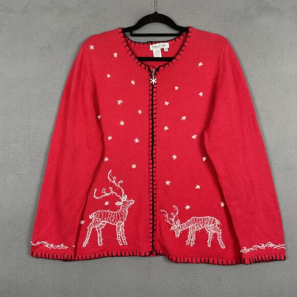 Coldwater Creek Sweater Womens XL Red Zip Cardigan Reindeer Embroidered Holiday - Picture 1 of 9